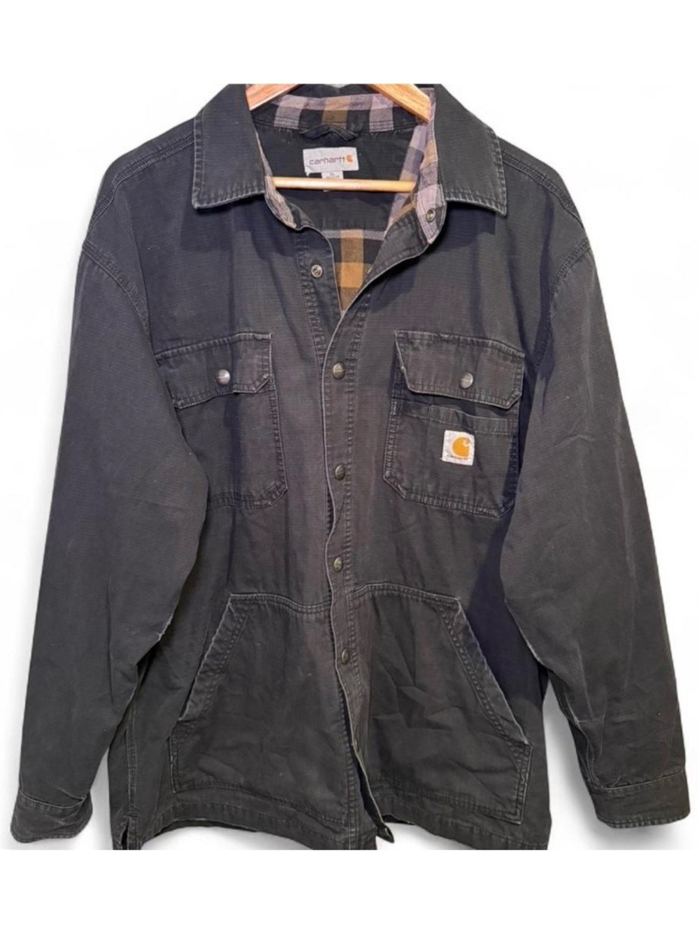 Carhartt Plaid Lined Ripstop Work Shirt Jacket Black Snap Front Duck Cloth - XL